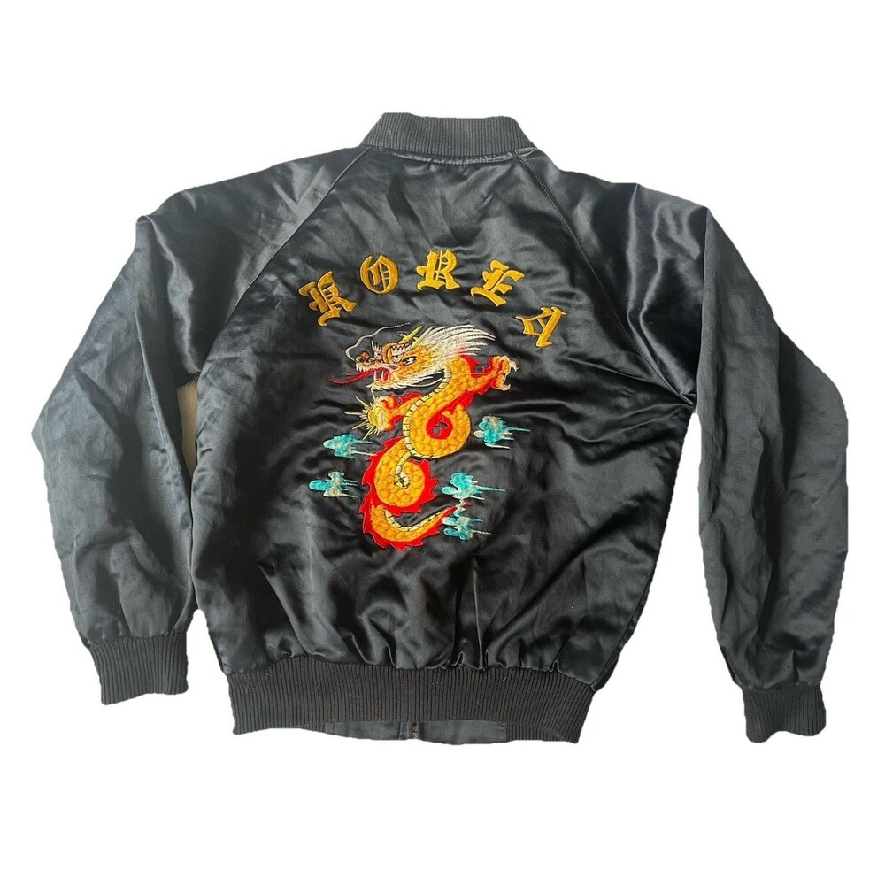 Kids Vintage 1980s Korea Black Satin Bomber Jacket Dragon Embroidered "Ralph Jr"
